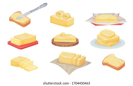 Butter Slices and Rolls Rested on Cutting Board Vector Set