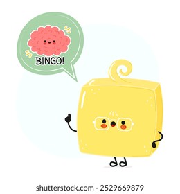 Butter with speech bubble and brain character. Vector hand drawn cartoon kawaii character illustration. Isolated white background. Butter and poster with brain