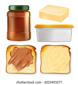 Butter Spread On Toast And Package Set Vector. Collection Of Peanut And Chocolate Butter On Toasted Bread Piece, Blank Container And Bottle. Food Template Realistic 3d Illustrations