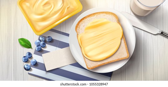 Butter spreading on bread, delicious breakfast with butter toast and milk in 3d illustration, top view