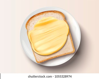 Butter spreading on bread, top view of delicious toast in 3d illustration