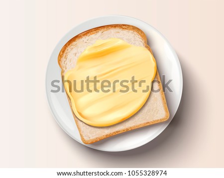 Butter spreading on bread, top view of delicious toast in 3d illustration