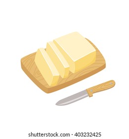 Butter stick with knife. Sliced Margarine block on a cutting board. Baking ingredient vector illustration. Food for breakfast.