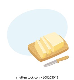 Butter Stick Stick With Knife. Sliced Margarine Block On A Cutting Board. Baking Ingredient Vector Illustration. Food For Breakfast.