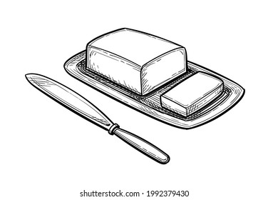 Butter and table knife. Ink sketch isolated on white background. Hand drawn vector illustration. Retro style.