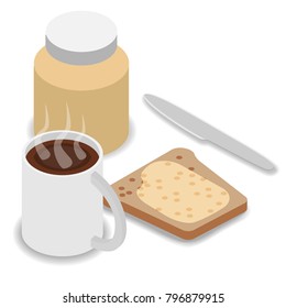 Butter toast with coffee isometric flat design vector illustration.