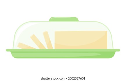 Butter in a transparent container. Chopped butter. Dairy product, healthy food, ingredient. Flat, cartoon style. Color vector illustration isolated on a white background