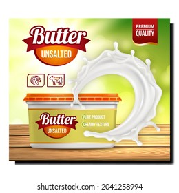 Butter nicht gesalzene Kreative Promotion Poster Vektor. Butterblindverpackung auf Holztisch und Milchflasche auf Werbebanner. Kuh Creamy Natural Product Stylish Concept Mock up Illustration