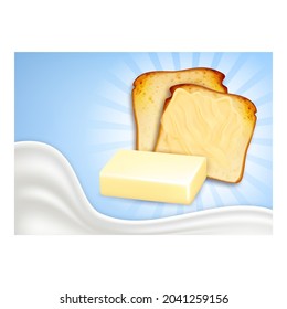 Butter Unsalted Creative Promotional Poster Vector. Butter Block, Bread Toast Pieces And Milk Splash On Advertising Banner. Delicious Breakfast Food Ingredient Style Concept Template Illustration