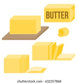Butter in various types  icons  such as curl  bar  slice   wooden board  flat design vector