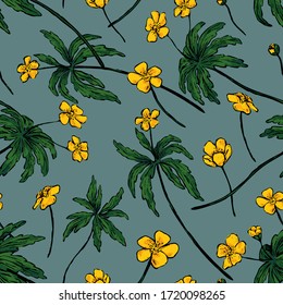 Buttercup Anemone flowers, wild plants decorative wallpaper. Hand drawn vector vintage seamless pattern. Botanical realistic gentle floral background. Colorful design for wrap, textile, print, fabric.