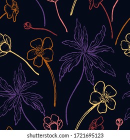 Buttercup Anemone flowers, wild plants decorative wallpaper. Hand drawn vector vintage seamless pattern. Botanical abstract gentle floral background. Colorful design for wrap, textile, print, fabric.