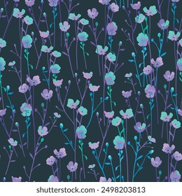 Buttercup blooming in the moonlight. Elegant Dark Floral Seamless Pattern with Delicate Purple and Teal Flowers - Perfect for Textiles, Wallpaper, and Decorative Designs