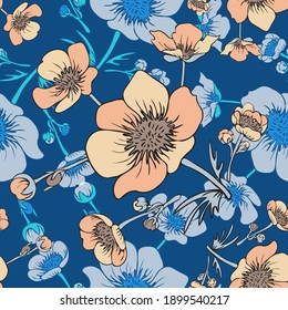 Buttercup flower. Meadow, a flower garden. Seamless vector pattern with flowers. Hand drawing.