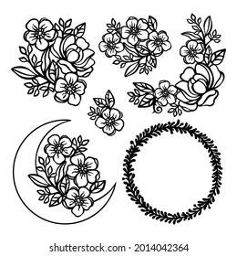 BUTTERCUP Monochrome Collection With Crescent From Buttercup And Rose Wreaths And Bouquets Openwork For Print Cartoon Floral Cliparts Vector illustration Set