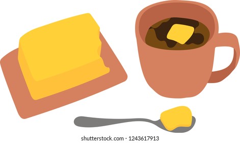 Buttered bulletproof coffee vector illustraton. Naive styled isolated on white backgrounds.