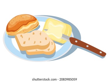 Buttered bun and toast on a saucer. Cartoon food on a plate. Breakfast. Vector. Food. Cooking. Collage for web design.