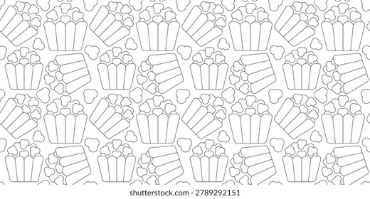 buttered popcorn bucket seamless pattern line design. movie theater snack food illustration for cinema or party design. simple vector. pattern with white background.