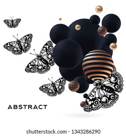 butterflies, and 3D balls vector illustration
