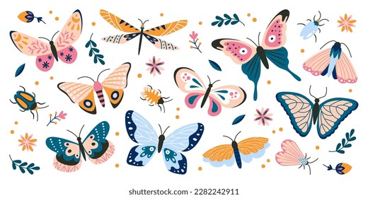 Butterflies with abstract floral pattern flat icons set. Colorful insects with flowers decor on wings. Summer decorative vintage beetles. Color isolated illustrations