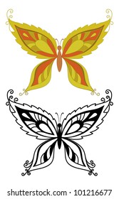 Butterflies with abstract floral pattern: red - orange and black outlines on white background. Vector