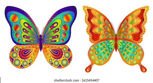 Butterflies. Abstract, multi-colored, image of butterflies on a white background.