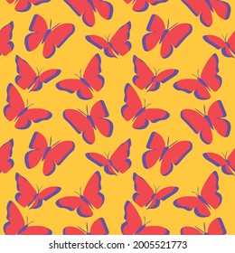 Butterflies abstract seamless pattern. Repetitive vector illustration of red butterflies on yellow background. EPS10.