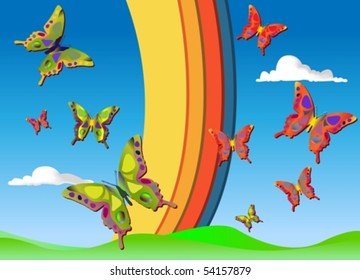 Butterflies against summer sky with rainbow