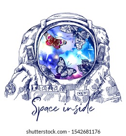 Butterflies in astrounaut helmet sketch . Hand drawn vector illustration. Perfect for print for t-shirt, poster.