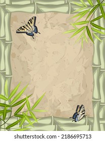 Butterflies in a bamboo frame.Vector illustration with bamboo frame with leaves and butterflies on crumpled paper background.