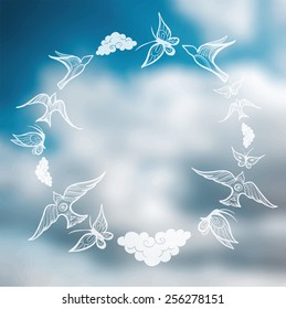 Butterflies, birds, clouds in the form of a circle on the sky background. Vector blurred background. eps 10