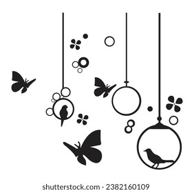 butterflies and birds hanging on strings, black and white vector illustration