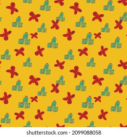 butterflies and birthday gifts pattern on yellow