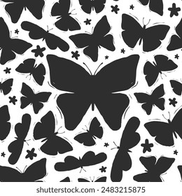 Butterflies, black color. Vector illustration. Seamless pattern of flying insects. In monochrome, flat style. For packaging design, textiles, wallpaper