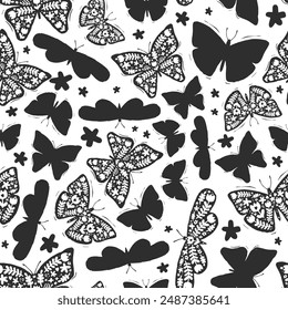 Butterflies, black color. Vector illustration. Seamless pattern of flying insects. In monochrome, flat style. For packaging design, textiles, wallpaper