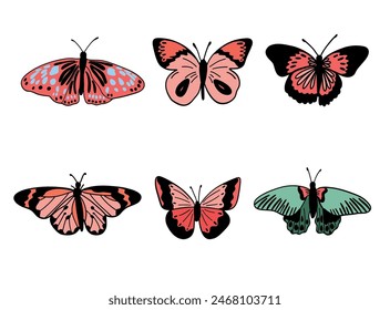 Butterflies black and green set flat design