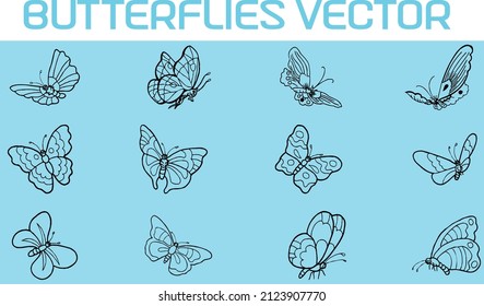 Butterflies. Black pictures of butterflies. Insect butterfly black silhouette, gorgeous animal, vector illustration