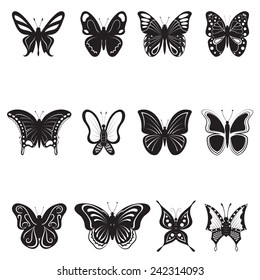 butterflies, black silhouettes on white background, vector