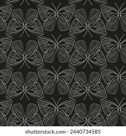 Butterflies black and white ink line vector symmetry seamless pattern background for textile, fabric, wallpaper, scrapbook. Insects with wings drawing for surface design