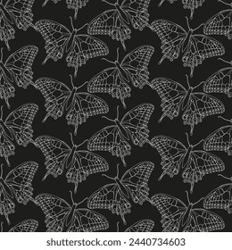 Butterflies black and white ink line vector symmetry seamless pattern background for textile, fabric, wallpaper, scrapbook. Insects with wings drawing for surface design