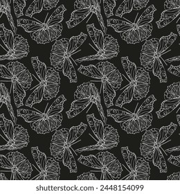 Butterflies black and white ink line vector symmetry seamless pattern background for textile, fabric, wallpaper, scrapbook. Insects with wings drawing for surface design
