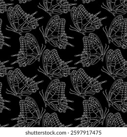 Butterflies black and white ink line vector symmetry seamless pattern background for textile, fabric, wallpaper, scrapbook. Insects with wings drawing for surface design Vector seamless pattern