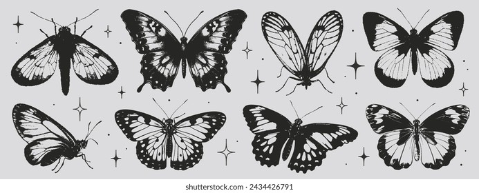 Butterflies of black wings in the style of grunge stamp and organic shapes. Y2k aesthetic, tattoo silhouette, hand drawn stickers. Vector graphic in trendy retro 2000s style. Grain texture butterfly.