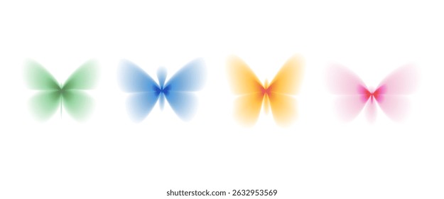 Butterflies blur gradient shape set. Y2k retro blur butterfly insects forms set. Colorful gradation icons on white background. Trendy diffused effect with transparent texture. Vector illustration.