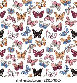 Butterflies boho pattern. Seamless white background with colorful doodle flying insects. Retro print. Vector repeat illustration for designs, textile, fabric, wrapping paper.