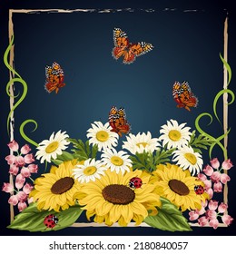 Butterflies and a bouquet of flowers.Vector illustration with sunflowers, daisies and butterflies on a colored background with a frame.