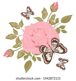 Butterflies and a bouquet of roses. Flat vector illustration. Isolated botanical element for design