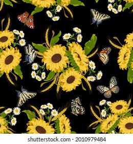 Butterflies   bouquets and sunflowers Butterflies  sunflowers   daisies black background in color vector pattern 
