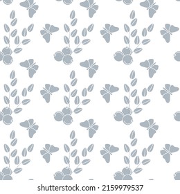 Butterflies, branches with berries seamless pattern. Hand drawn vector background,