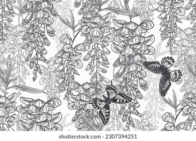 Butterflies and branches of tree. Wisteria liana. Floral seamless pattern. Garden flowers and leaves. Black and white. Vector illustration. Vintage decor. svg